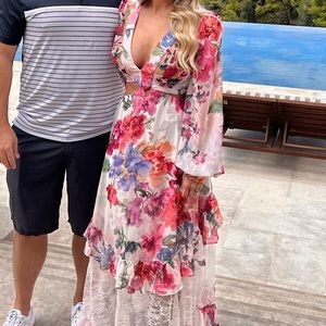 Patbo Floral Printed Beaded Cut Out Dress In Off White